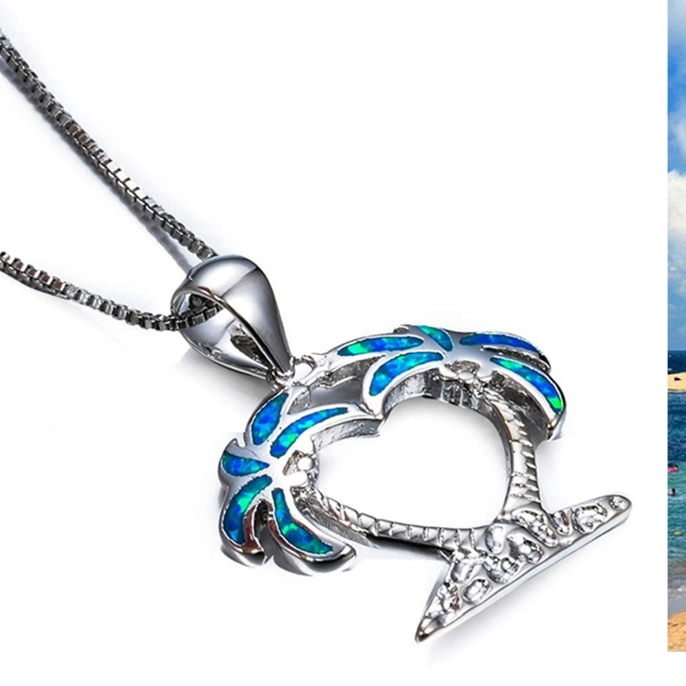 Blue opal sterling silver double palm tree necklace.